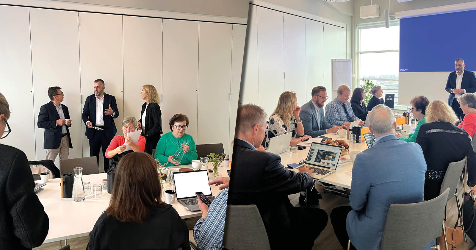 Bilden visar bilder från mötet. Ena bilden visar personer som vid en paus står samt sitter och pratar. Andra bilden visar när Johan Eklund föreläsare för gruppen