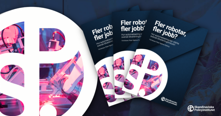 Bilden visar Skandinaviska Policyinstitutets logga samt tre tryckta versioner av rapporten Fler robotar, fler jobb?